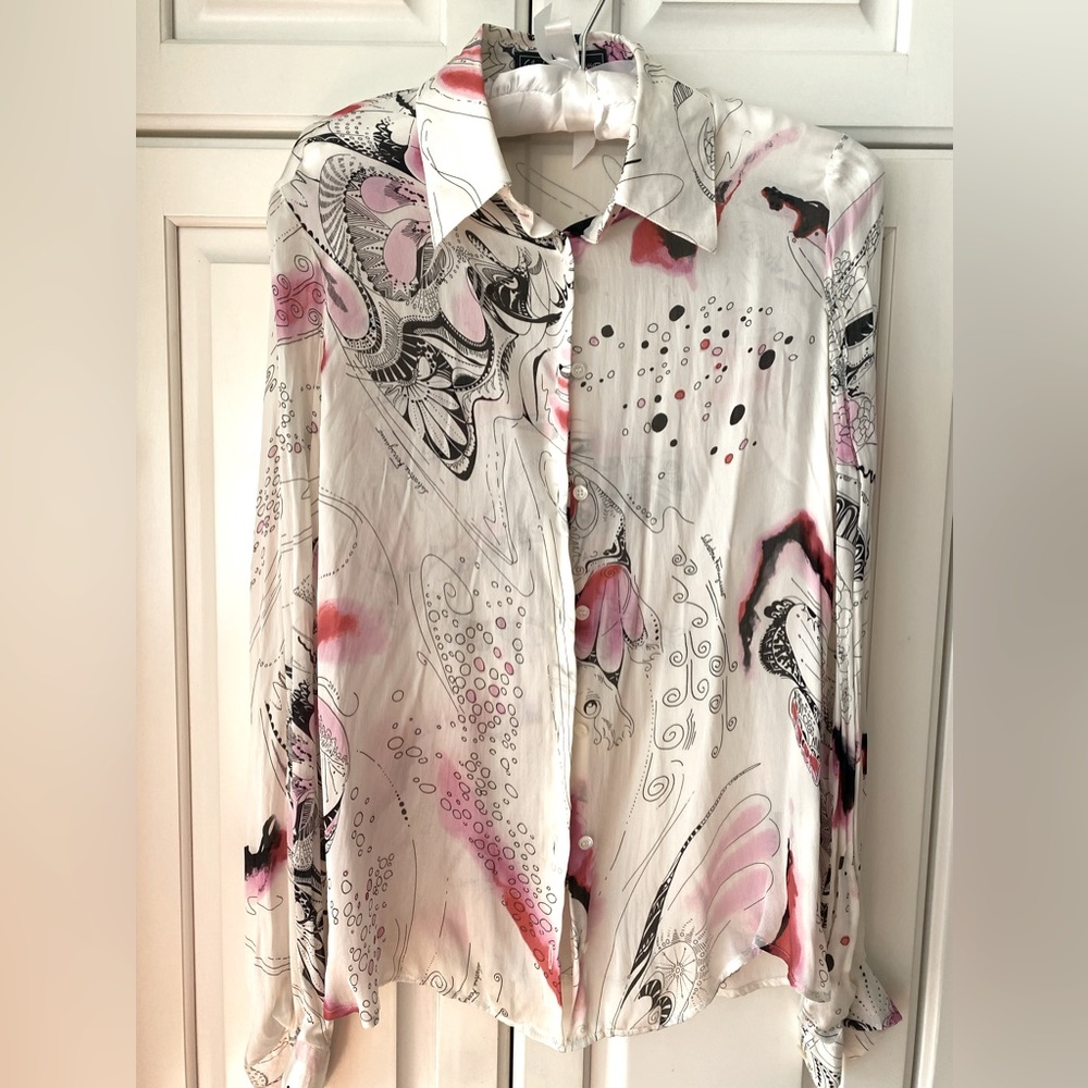 Salvatore Ferragamo silky cotton print blouse women 40 XS pink white black logo